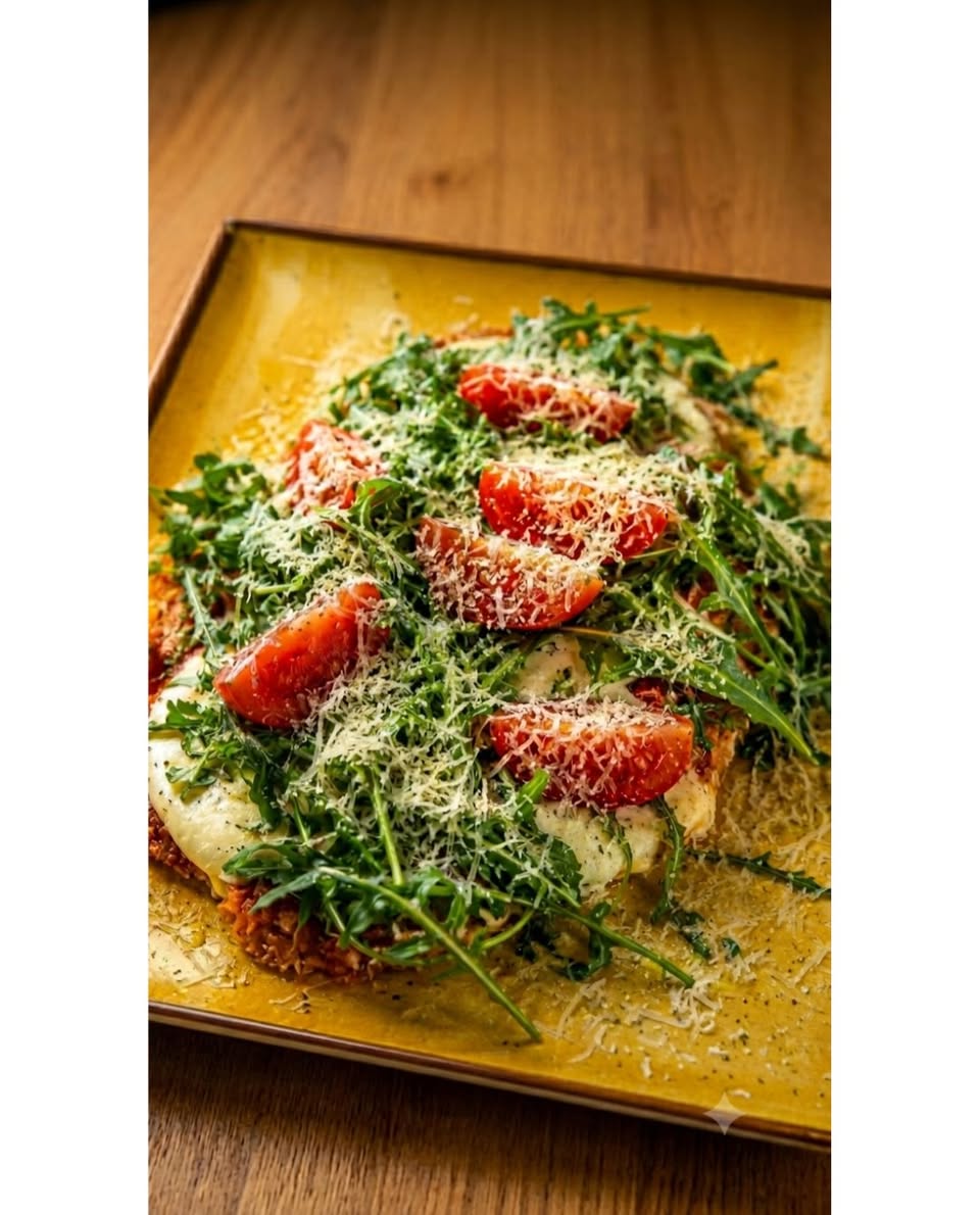 Brunch flatbread with arugula and tomatoes on a golden plate