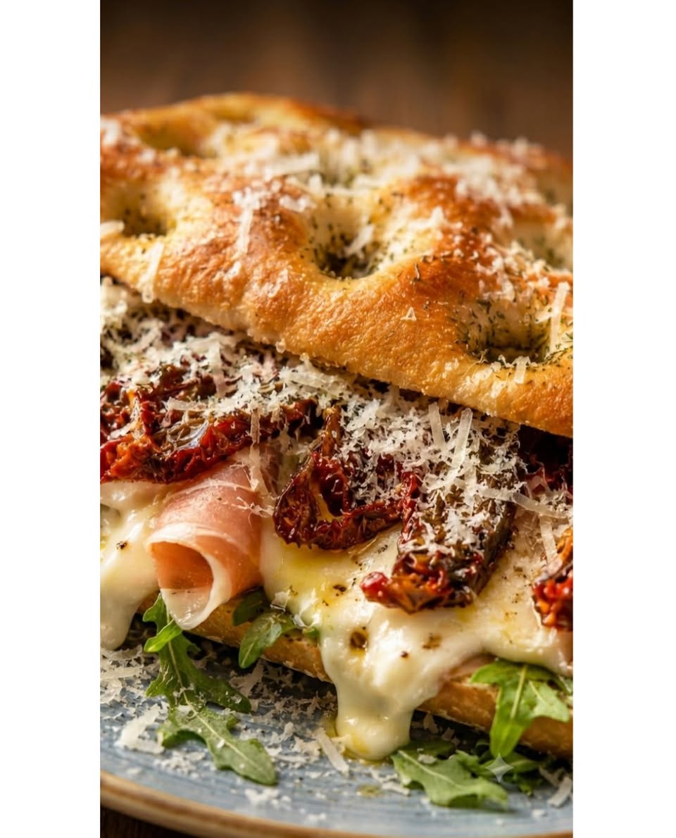 Focaccia panino with melted cheese, sun-dried tomatoes, and prosciutto