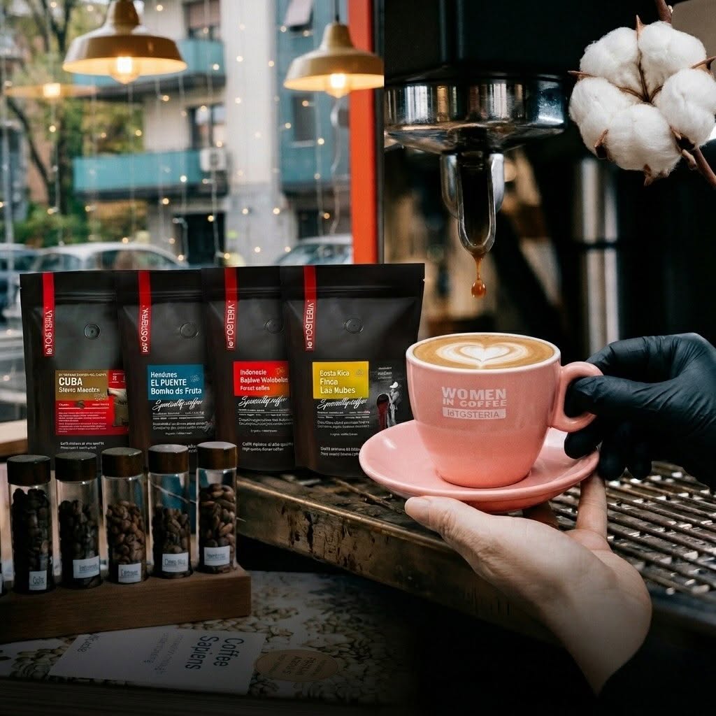 Women in Coffee event cup with laTOSTERIA retail bags at the window